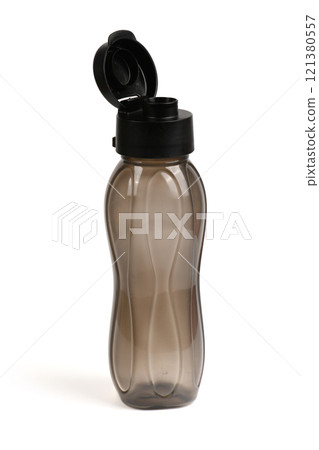 Empty black water bottle. Fitness bottle close-up. 121380557