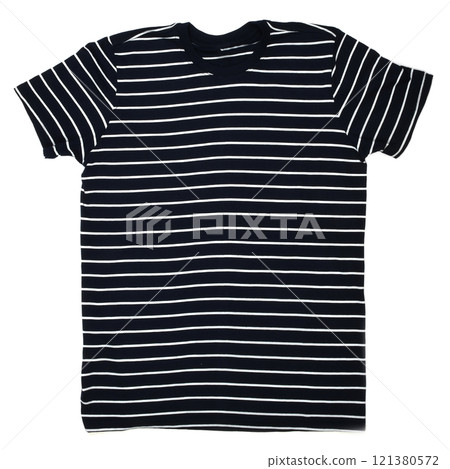 Blue and white striped T-shirt template ready for your own graphics. Isolated on white. Blue and white striped T-shirt template ready for your own graphics. Isolated on white. 121380572