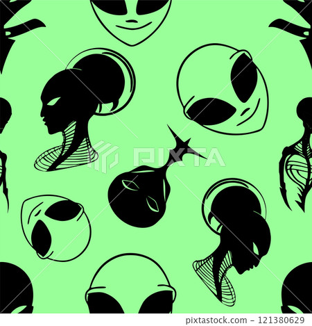 seamless pattern black graphic aliens on green background, texture, design 121380629