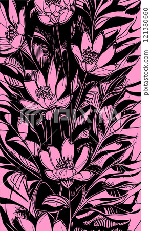 pink graphic drawing of a bouquet of flowers on a black background, design, art 121380660