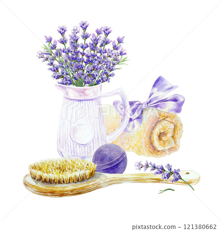 Lavender SPA, bouquet of flowers in a jug, towel, bath bomb, massage brush. Hand drawn watercolor illustration isolated. Invitations, cosmetics labels 121380662