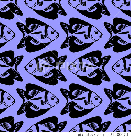 simple seamless pattern of black graphic fish on a blue background, texture, design 121380673