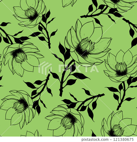 simple graphic seamless pattern of black magnolia flowers on green background, texture 121380675