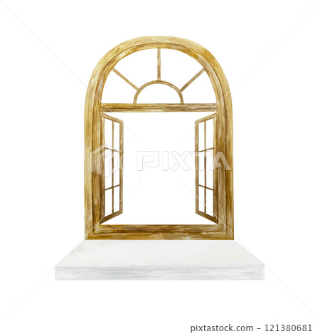 Wooden window frame with open shutters and white window sill. Hand drawn watercolor illustration isolated on white. For labels, posters, banners. 121380681