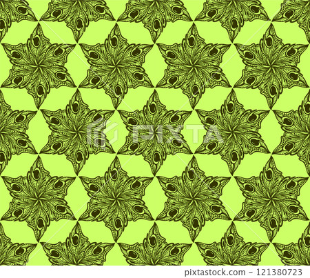 seamless symmetrical green floral pattern on olive background, texture, design 121380723