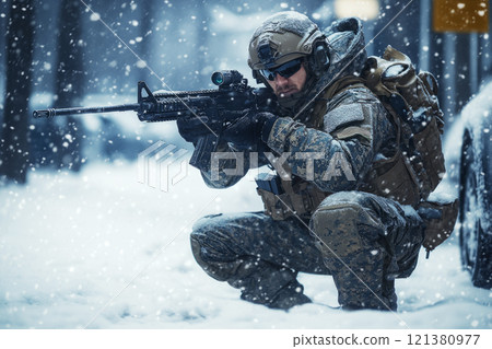 Winter equipment of modern army soldier armed with an automatic rifle. 121380977