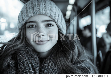 Smiling teenage girl inside bus in winter, monochrome image. 121380991