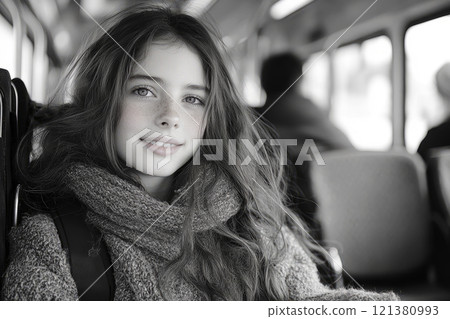 Transporting wheelchair user teen girl in bus using seat belts. 121380993