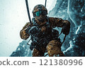 Soldier in winter gear, including a fabric mask and protective glasses, parachutes from helicopter. 121380996