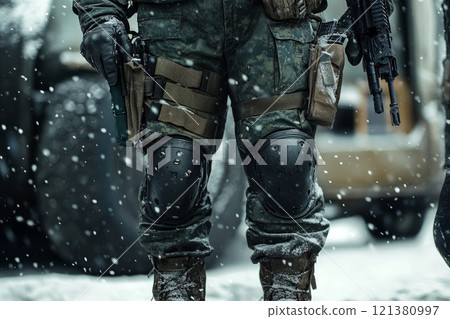Legs of soldier in winter gear with knee pads. 121380997