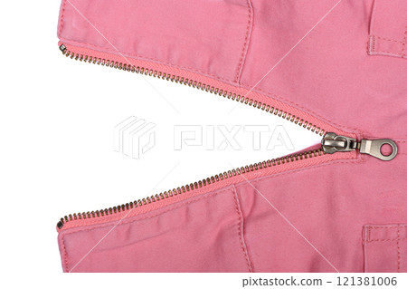 Pink jeans zipper. Close-up of women's jeans, jeans with zipper. 121381006
