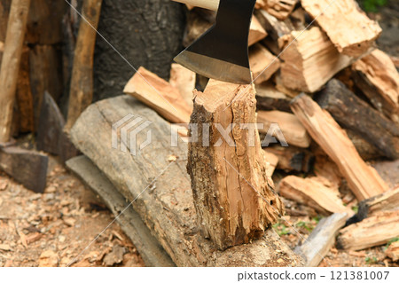 Axe and log. High resolution photo. 121381007