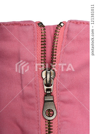 Pink jeans zipper. Close-up of women's jeans, jeans with zipper. Pink jeans zipper. Close-up of women's jeans, jeans with zipper. 121381011