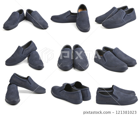 Nine Men's leather blue shoes. Men's shoes made of genuine leather insulated on a white background. Nine Men's leather blue shoes. Men's shoes made of genuine leather insulated on a white background. 121381023