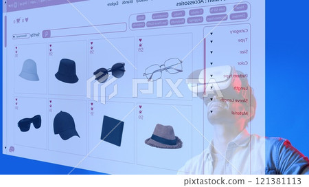 Customer sitting on the sofa while looking at online market hologram. Apparatus. Customer sitting on the sofa while looking at online market hologram. Apparatus. 121381113