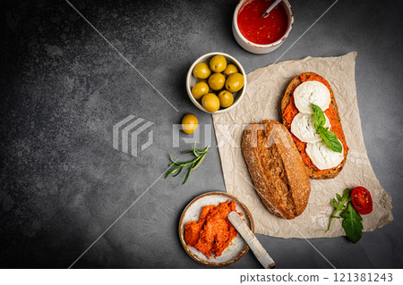 Toasts of organic sobrassada bread Toasts of organic sobrassada bread 121381243