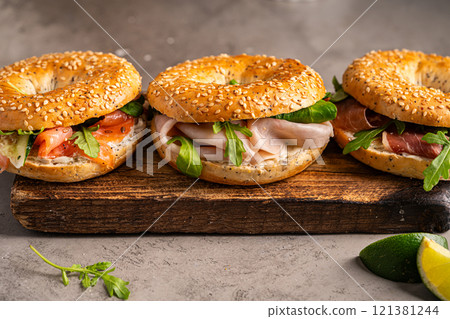 Variety of Bagel sandwiches 121381244