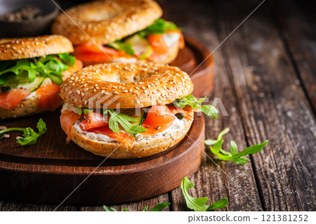 Bagel sandwich with salmon Bagel sandwich with salmon 121381252