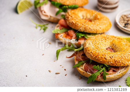 Variety of Bagel sandwiches 121381289