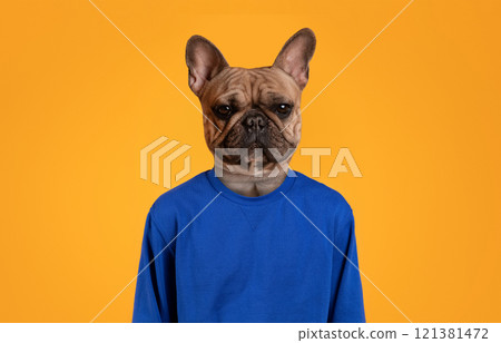 A French bulldog wearing a blue sweatshirt stands against a solid yellow background. The dog is looking directly at the camera with a serious expression. A French bulldog wearing a blue sweatshirt stands against a solid yellow background. The dog is looking directly at the camera with a serious expression. 121381472