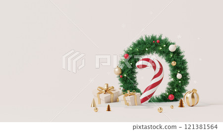 3D render, Happy new year and Merry Christmas scene with Christmas wreath, ornaments, candy cane, and golden wrapped gifts. 3D render, Happy new year and Merry Christmas scene with Christmas wreath, ornaments, candy cane, and golden wrapped gifts. 121381564