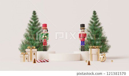 3D render, Happy new year and Merry Christmas background with Podium stage decorated with  nutcracker, festive trees, gifts, and ornaments 121381570