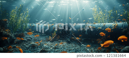 Internet cable or gas pipeline on bottom of sea, scenery of damaged pipe underwater, fish and seaweed. Concept of submarine, undersea, power, accident Internet cable or gas pipeline on bottom of sea, scenery of damaged pipe underwater, fish and seaweed. Concept of submarine, undersea, power, accident 121381664