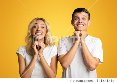 Young Couple Pleading For Something And Keeping Hands Together On Yellow Background, Copy Space Young Couple Pleading For Something And Keeping Hands Together On Yellow Background, Copy Space 121381818