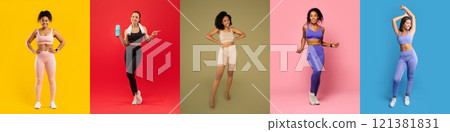 Five women model stylish activewear in bright colors, reflecting energy and fitness in a studio. Each outfit highlights unique styles and encourages a healthy lifestyle choice. 121381831