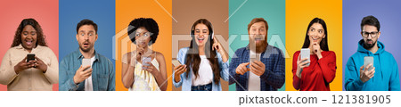 A group of seven friends express various emotions while interacting with their smartphones, set against vibrant colored backgrounds. Each person showcases their unique style and mood. 121381905