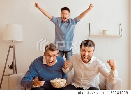 Male Family Of Grandfather, Father And Son Watching Sports On TV Celebrating Victory Sitting On Couch At Home 121381909