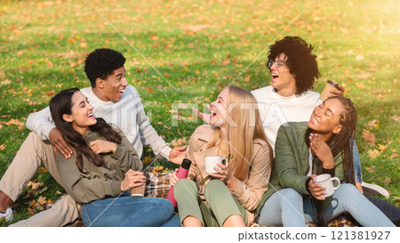 Carefree young multiracial group of friends having picnic in park 121381927
