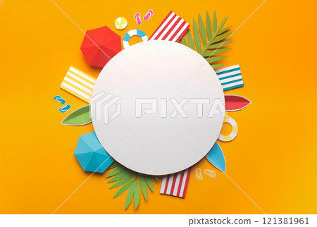 Summer vacation concept. Composition of beach accessories on yellow background with round white blank space, paper photo Summer vacation concept. Composition of beach accessories on yellow background with round white blank space, paper photo 121381961