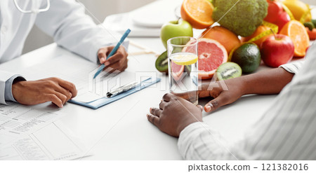 Detox concept. Afro woman patient of nutritionist drinking lemon water while doctor taking notes, close up 121382016