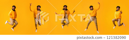 Collage of jumping cheerful winter black guy in warm jacket over orange studio background, panorama 121382090