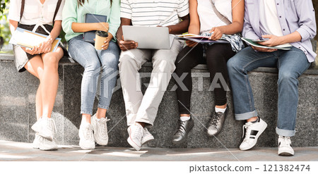 Studying Outdoors. Group of college students sitting with laptop and books, preparing for lectures together, crop 121382474