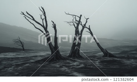A group of gnarled trees stands silently in a foggy landscape, surrounded by dark earth and muted surroundings, evoking a sense of desolation and stillness in an eerie natural setting. A group of gnarled trees stands silently in a foggy landscape, surrounded by dark earth and muted surroundings, evoking a sense of desolation and stillness in an eerie natural setting. 121382604