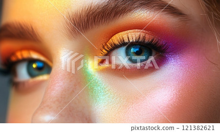 A close-up of a person's eye adorned with vibrant makeup, showcasing a rainbow reflection and striking colors. 121382621