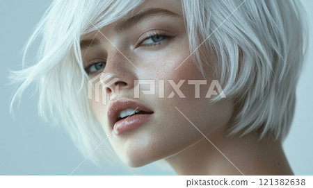 A woman with short, white hair poses confidently, highlighting her striking features and smooth complexion. 121382638