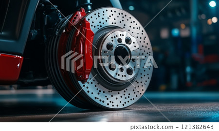 A close-up view of a high-performance brake system with a red caliper, located in an industrial garage setting, showcasing advanced automotive engineering. A close-up view of a high-performance brake system with a red caliper, located in an industrial garage setting, showcasing advanced automotive engineering. 121382643