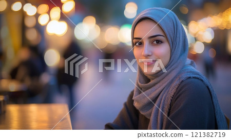 A young woman in a gray scarf sits at an outdoor cafe, engaging with the vibrant atmosphere around her. Surrounding lights create a warm ambiance as people move through the scene. 121382719