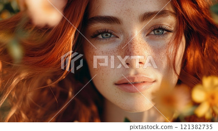 A young woman with striking red hair and freckles gazes softly amid colorful flowers as sunlight bathes the scene in a warm glow. 121382735