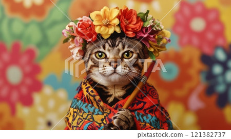 A cat wears a vibrant flower crown and a patterned blanket while holding a pencil, surrounded by a colorful floral backdrop, showcasing its playful and artistic spirit. 121382737