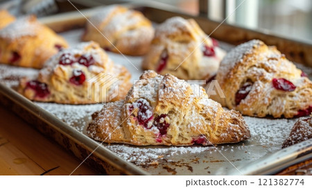 Delicious cranberry croissants, golden brown and sprinkled with powdered sugar, cooling on a baking sheet. 121382774