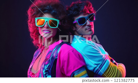 A retro-inspired couple stands back to back, wearing vibrant clothing and oversized sunglasses. The stylish outfits and colorful accessories create a bold, nostalgic atmosphere with a playful vibe. 121382775