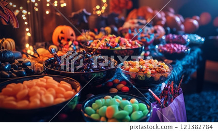 A table is covered in a dark blue tablecloth and laden with Halloween candy. Bowls of brightly colored candies are arranged in a line, including orange, yellow, red, blue, and green candies 121382784
