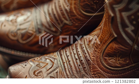 Intricate patterns and craftsmanship are showcased on a pair of brown leather cowboy boots resting on a rustic surface. Intricate patterns and craftsmanship are showcased on a pair of brown leather cowboy boots resting on a rustic surface. 121382802