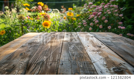 A wooden table sits in front of a garden filled with blooming flowers in shades of yellow, pink, and white. The table is weathered and shows signs of age, with a rustic charm. A wooden table sits in front of a garden filled with blooming flowers in shades of yellow, pink, and white. The table is weathered and shows signs of age, with a rustic charm. 121382804