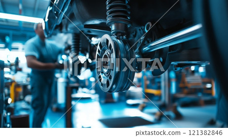 A mechanic is focused on repairing a vehicle's engine components in a well-lit automotive workshop. 121382846