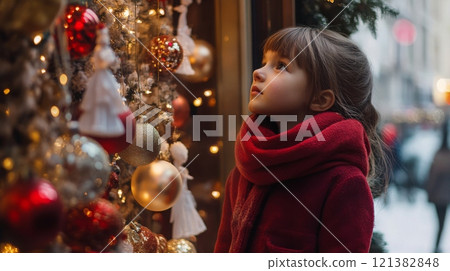 A young girl in a red coat gazes up in wonder at the festive holiday decorations adorning a shop window. Glowing lights and colorful ornaments create a magical winter atmosphere. A young girl in a red coat gazes up in wonder at the festive holiday decorations adorning a shop window. Glowing lights and colorful ornaments create a magical winter atmosphere. 121382848